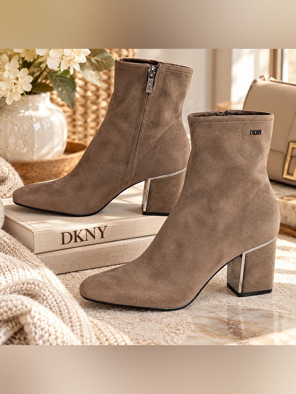 DKNY Taupe Grey Suede Look Ankle Boots Block Heel 6.5M